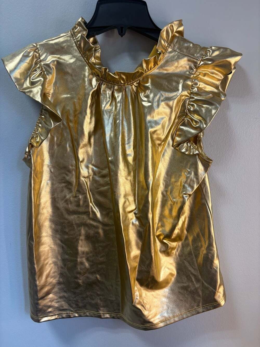Jodifl Gold Metallic Ruffle Mock Neck Flutter Sleeve Blouse